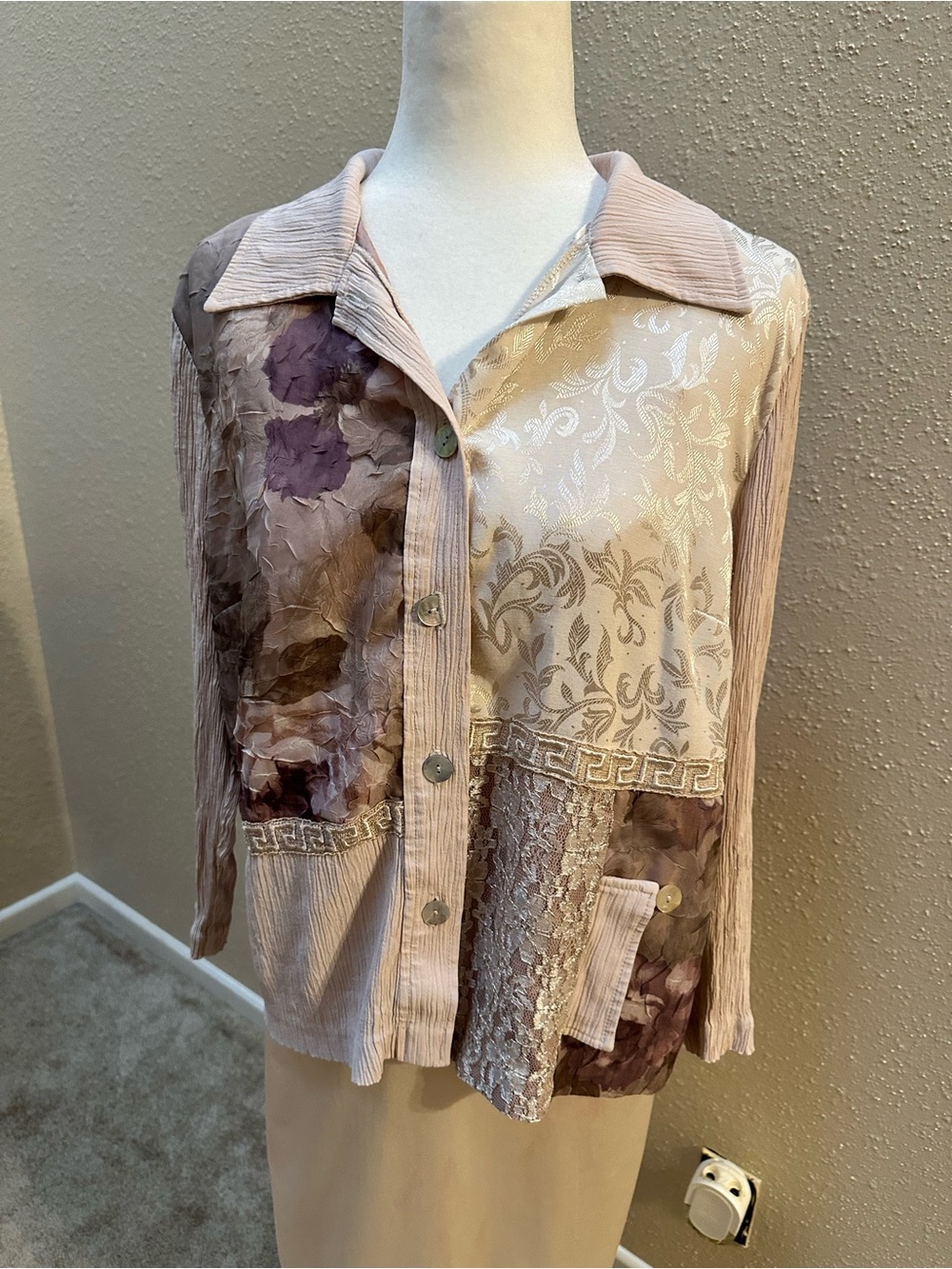 Vintage Patchwork Satin Burnout Lace Button Up Blouse Shirt Petite Medium Granny